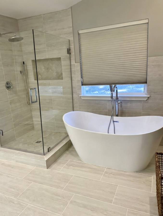 Bathroom layout combining a freestanding soaking tub and open glass shower